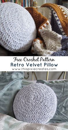 the crocheted pillow is made from an old blanket and has been placed on top of