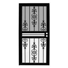 a black and white photo of an iron door with decorative designs on the glass panels