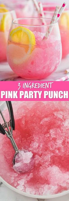 pink party punch recipe with lemons and strawberries in the bowl, on a white plate