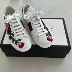 Leather Made In Italy Only Worn A Few Times, Looks Brand New Comes With Original Box And Two Shoe Bags Gucci Designer Sneakers With Embroidered Logo, Designer Gucci Sneakers With Embroidered Logo, Gucci Leather Sneakers For Spring, Spring Gucci Leather Sneakers, Spring Gucci Sneakers, White Gucci Sneakers For Spring, Spring White Gucci Sneakers, Designer Gucci Sneakers For Spring, Gucci Tennis Shoes