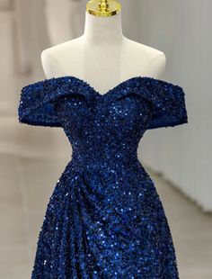 A-Line Evening Gown Sparkle & Shine Dress Formal Wedding Party Sweep / Brush Train Sleeveless Off Shoulder Sequined with Glitter Sequin Shine Dress, Prom Dresses Off The Shoulder, Formal Wedding Guests, Royal Blue Prom Dresses, Blue Dress Formal, Dresses Formal Elegant, Sequin Evening Dresses, Blue Evening Dresses, Evening Gowns Elegant