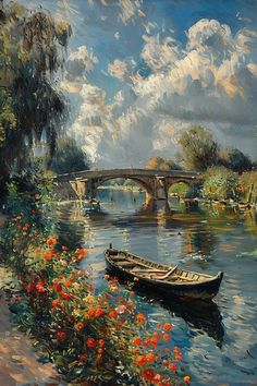 a painting of a boat on a river with a bridge in the background and flowers by the water