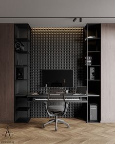 an office with a desk, bookshelf and computer on the wall next to it