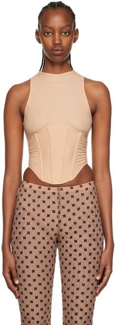 Semi-sheer stretch nylon jersey tank top. Boning throughout. · Round neck · Asymmetrical hem · Ruching at sides · Zip closure at back · Partial stretch jersey lining Supplier color: Beige Corset Tank Top, Pattern Inspiration, Jersey Tank Top, Tank Top Camisole, Jason Wu, Tank Top Designs, Outfits Women, Asymmetrical Hem, Cami Tanks