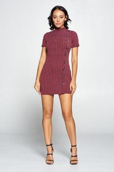 Between Us Buttoned Ribbed Mini-Burgundy Ribbed turtle neck one side button down short sleeve mini dress Model is 5ft 9" and is wearing a size small Sweater Dress Short, Burgundy Sweater Dress, Burgundy Shorts, Button Down Short Sleeve, Between Us, Short Sleeve Mini Dress, Burgundy Sweater, Classic Chic, Mini Dress With Sleeves