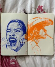 an open notebook with two colored drawings of people on the pages and one is screaming