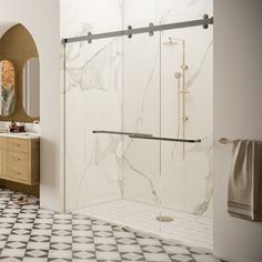 a bathroom with white walls and black and white checkered flooring on the tile