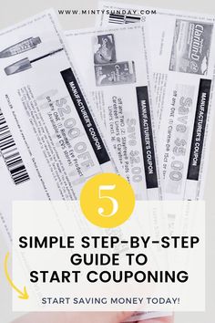 five coupons with the text 5 simple step - by - step guide to start couping