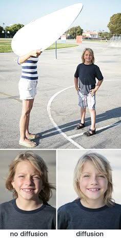 three photos of two children and one is holding a frisbee