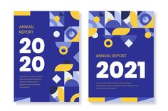 two blue and yellow annual report covers with abstract shapes on the front, back and sides