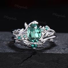 ● You will get high quality hand-made crafted jewelry when you purchase items on DRingstudio. Twig Green Emerald Ring Vintage Women Nature Inspired Engagement Ring Bridal Set Birthstone May Leaf Wedding Band Unique Anniversary Gifts for Her ● Gems Info: Main stone: 6*8mm Oval cut lab green sapphire Side stones: Emerald stones Matching band: Emerald stones This ring can be customized by other gems stones, please contact us directly if you need :) ● Warranty 100 days warranty policy.  I always take responsibility for my customers. Even your order more than 100 days, you can contact me at anytime, I'll be happy to help with and solve the problem for you :) ● Ring Size & Band: Ring Size: 3US-10US available. If you need a smaller or larger size, please feel free to contact me. I would love to m Sapphire And Emerald Ring, Green Wedding Rings, Tourmaline Rings, Sapphire Side Stones, Branch Engagement Ring, Women Nature, Smaragd Ring, Emerald Ring Vintage, Nature Inspired Engagement Ring