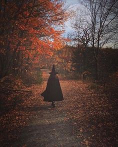 a woman walking down a path in the middle of an autumn forest with leaves on the ground