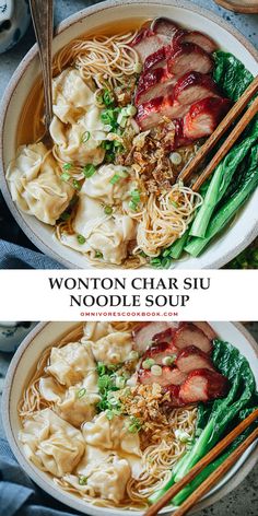 two bowls filled with noodles, meat and veggies next to chopsticks