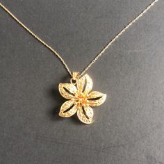 10k Yellow Gold Plumeria Flower Pendant Necklace 18” Luxury Yellow Gold Flower Necklace, Elegant Rose Gold Necklaces With Flower Decoration, Elegant Rose Gold Necklace With Flower Decoration, Luxury Necklace With Flower Charm And Pendant, Elegant Yellow Gold Flower Pendant Necklace, Luxury Flower Shaped Necklace, Elegant Gold-plated Flower Pendant Necklace, Gold Flower Pendant Necklace, Elegant Gold Plated Pendant Flower Necklace