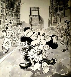 a drawing of mickey mouse and other cartoon characters in front of a cityscape