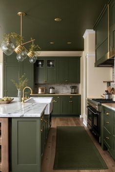 a large kitchen with green cabinets and marble counter tops, along with an area rug on the floor