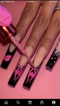 Pink Black Nails, Dope Nail Designs, Pink Acrylic Nails, Luxury Nails, Square Acrylic Nails