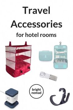 travel accessories for hotel rooms are shown in this advertiser's postcard