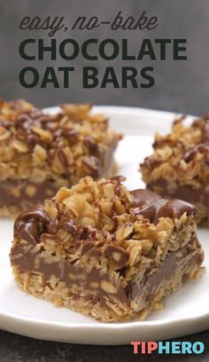 chocolate oat bars on a white plate with the words easy no - bake chocolate oat bars