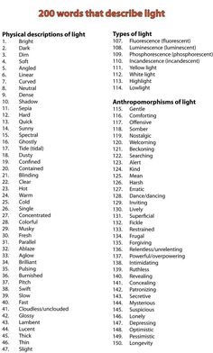 the list of words that describe light