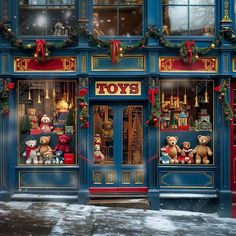 a toy store with christmas decorations and teddy bears in the windows on it's front