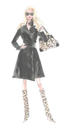 a drawing of a woman in a black coat and leopard print boots holding two purses