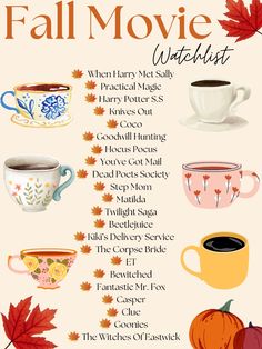 fall movie list with coffee cups and autumn leaves