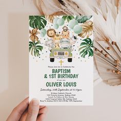 Chic Tropical Safari Jungle Baptism 1st Birthday Invitation 1st Birthday And Baptism Ideas Boy, Baptismal Theme Boy, Baptismal Theme, Safari Birthday Theme, 1st Birthday Safari, Baptismal Invitation, Baptism Themes, Safari Birthday Invitation, Tropical Safari