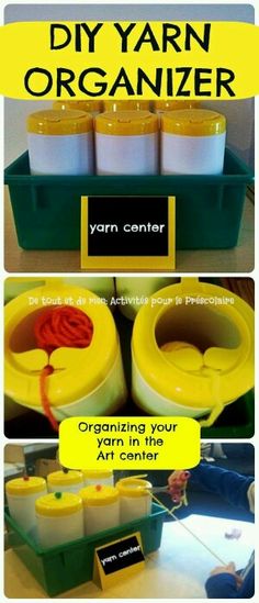 three different pictures with the words diy yarn organizer on them and an image of two containers