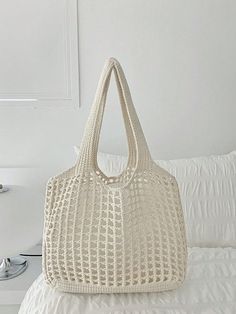 Lightweight, Casual Women's Minimalist Large Capacity Hollow Out Woven Shopping Bag Crochet Bag, Mothers Day Gift For Mom, Large Capacity Tote Bag For And Travel School Bag For Graduate, Teen Girls, Freshman, Sophomo,Casual Vacation, Beach Bag, Shoulder Bag, Tote Bag, Summer Essentials, Perfect For Vacation & Holiday Beige Vacation   Fabric Plaid,Plain,Textured Pattern Crochet Bags   Women Bags, size features are:Bust: ,Length: ,Sleeve Length: Tote Handbags Crochet, Simple Crotchet Bag, Cheap White Crochet Bag For Vacation, Crochet College Bag, Crochet School Bag, Beach Crochet Bag, Shopping Bag Crochet, White Crochet Bag, Beach Bag Crochet