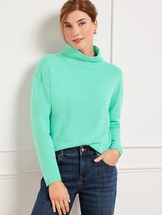 Our cozy turtleneck sweater in a relaxed, boxy silhouette. Made from supersoft yarns. A style you'll want in every color. Features Long Sleeve Hits Above Hip Turtleneck Pullover Straight hem Imported Fit: Misses: 22"; Petite: 21" Material: 50% Nylon, 30% Acrylic, 20% Polyester Care: Hand Wash Cold; Only Non-Chlorine Bleach When Needed; Reshape, Lay Flat To Dry; Warm Iron, If Needed | Turtleneck Sweater Talbots Casual Soft Knit Turtleneck With Funnel Neck, Casual Cozy Fit High Neck Turtleneck, Casual Comfortable Turtleneck With Funnel Neck, Cozy Green Turtleneck Top, Relaxed Fit Funnel Neck Sweater For Spring, Spring Funnel Neck Sweater With Relaxed Fit, Casual Relaxed Fit Turtleneck For Spring, Relaxed Fit Soft Knit Funnel Neck Top, Green Casual Turtleneck For Fall