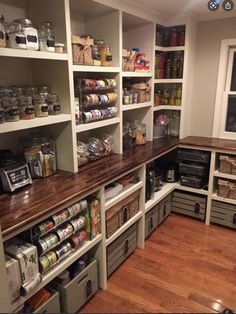 an organized pantry with lots of shelves and bins filled with food, snacks or other items