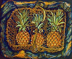 three pineapples in a woven basket on a blue and green background with swirly lines