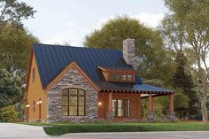 this is an artist's rendering of a cabin style home with stone and wood accents