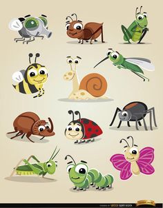 various bugs and insects are grouped together in this cartoon character set, which includes an antelope, ladybug, grasshopper, bug, snail, spider, fly, butterfly, insect