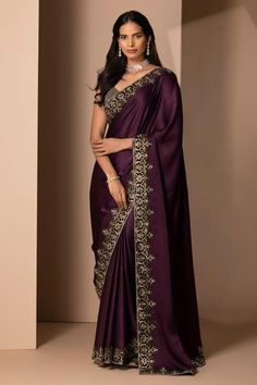 Shop for Chhaya Mehrotra Purple Silk Satin Saree With Blouse for Women Online at Aza Fashions Sarees For Girls, Simple Saree Designs, Indian Sari Dress, Purple Saree, Fancy Sarees Party Wear, Sari Dress, Long Kurti Designs, Indian Dresses Traditional, Satin Saree