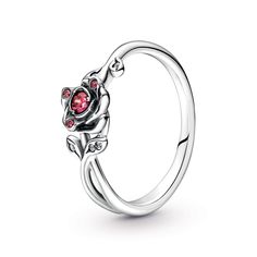 From Pandora, be transported into a magical world with the Disney Beauty and the Beast Rose Ring. Inspired by the enchanted rose from the movie, the ring features a red cubic zirconia stone rose in the center of the band, surrounded by openwork leaves and curved branches along with three smaller red stones. Celebrating the imperfect but magical love between Disney's Belle and the Beast, the ring makes an elegant, whimsical addition to any look. This ring is a size 4.5. Pandora Style #: 190017C01 Silver Wedding Gifts, Beauty And The Beast Rose, Silver Rose Ring, Pandora Disney, Pandora Rings, Rings Jewelry Fashion, Disney Beauty And The Beast, Rose Ring, Magical World