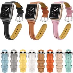 four different colors of apple watch bands in various styles and sizes, each with an adjustable buckle