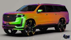 an suv is shown with neon colors on the front and back wheels, as well as black rims