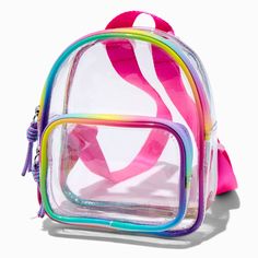 Claire's Clear Rainbow Small Backpack Trendy Pink Bag For School Events, Trendy Pink Bags For School Events, Multicolor Bags For Daycare And Back To School, School Bags With Adjustable Strap, Cute Rainbow School Bag, Rainbow Standard Backpack For Back To School, Cute Rainbow School Bags, Cute Multicolor Backpack For School Events, Multicolor School Backpack With Zipper Closure