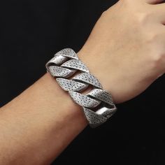 Constructed with a variety of textured pieces, this chunky chain bracelet offers a dynamic look that's ideal for anyone looking for a modern, hip-hop jewelry accessory. The durable stainless steel material guarantees longevity. Stainless Steel Color: Silver / Old Silver / Gold Chain Length 8.5-inches = 21.5 cm Chain Width 31 mm = 1.22047-inches Caring for necklace tips Avoid contact with chemicals like perfume, detergent & lotion. Avoid exercise/bathing while wearing. Clean with a soft cloth. Pa Cuban Chain Bracelet, Gold Bracelet Chain, Hip Hop Jewelry, Cuban Chain, Stainless Steel Material, Steel Material, Chain Lengths, Chain Length, Chain Bracelet