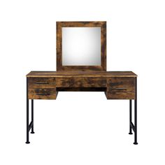 a wooden desk with a mirror and metal legs