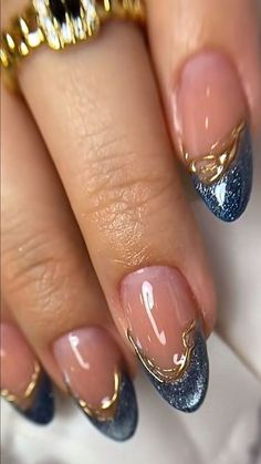 Hailey Bieber Nails With Design, French Blue Nails Design, New Years Gel X Nails, Magnetic Nails French Tip, Navy Blue And Brown Nails, Oppenheimer Nails, Short Structured Manicure, Simple Festival Nails, Blue Nails New Years