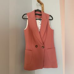 Brand New Nwt Zara Salmon Colored Blazer. Size Xs Pink Spring Vest For Workwear, Sleeveless Blazer With Buttons For Spring, Sleeveless Button Blazer For Spring, Fitted V-neck Outerwear For Day Out, Zara Sleeveless Outerwear For Fall, Zara Fitted Outerwear For Day Out, Double-breasted Spring Vest For Workwear, Pink Spring Vest For Work, Spring Single Breasted Vest With Lapel Collar