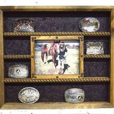 a wooden frame with some pictures on it