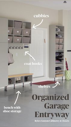 organized garage entryway with cubbies, shelves, cabinets and bins labeled below