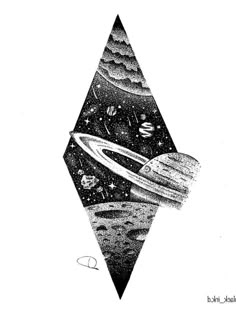 a black and white drawing of saturn with the moon in the sky, stars and planets behind it