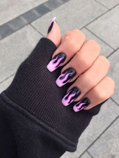 Flame Nail Art, Checkered Nails, Funky Nail Art, Punk Nails, Purple Nail, Black Nail, Funky Nails