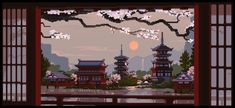 ArtStation - View over Japanese Temple in River Valley Pixel City, Gif Background, Pixel Animation, Arte 8 Bits, 8bit Art, Cool Pixel Art, Desktop Wallpaper Art