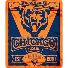 the chicago bears logo is shown on an orange and blue throwback blanket, which features a bear's head